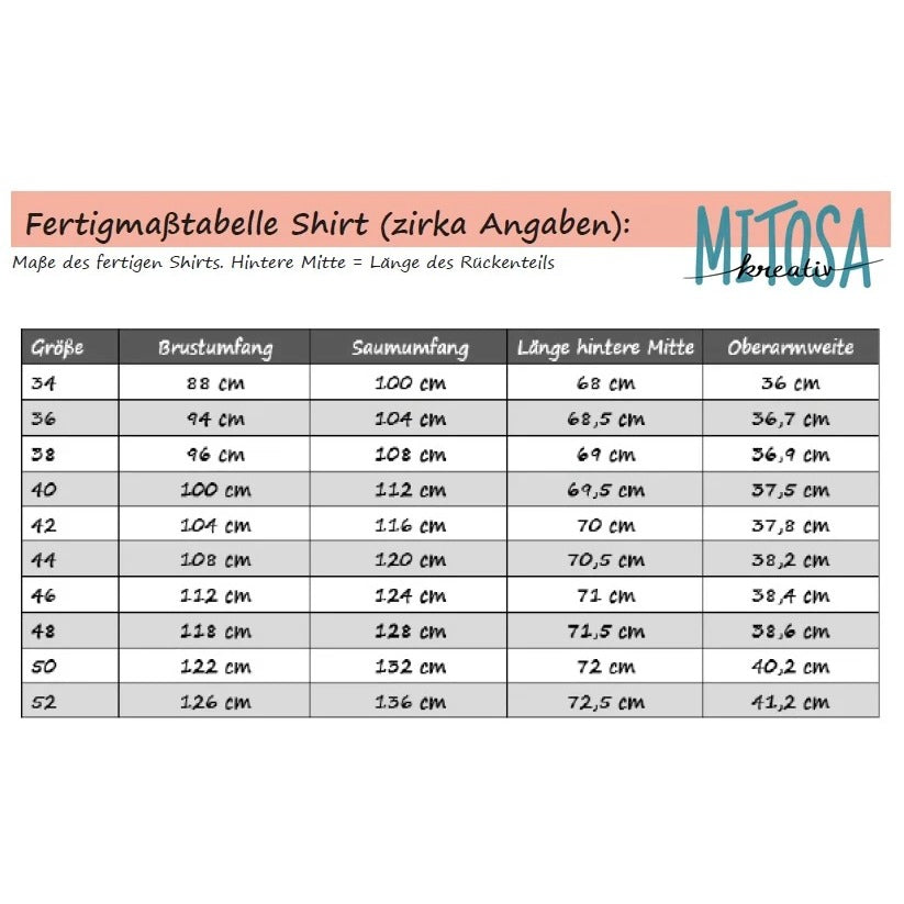 Family Shirt Damen Schnittmuster – Fertigmaßtabelle mit den fertigen Shirtmaßen je Größe (Gr. 34–52)