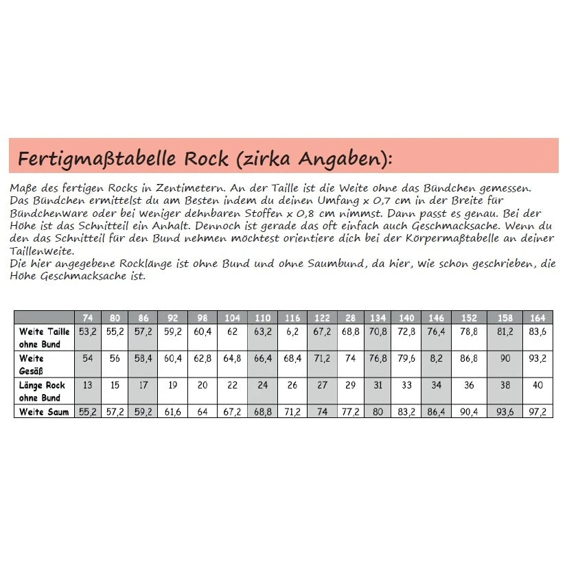 Shabby Skirt Kids – Fertigmaßtabelle mit den fertigen Rockmaßen in Größe 74–164