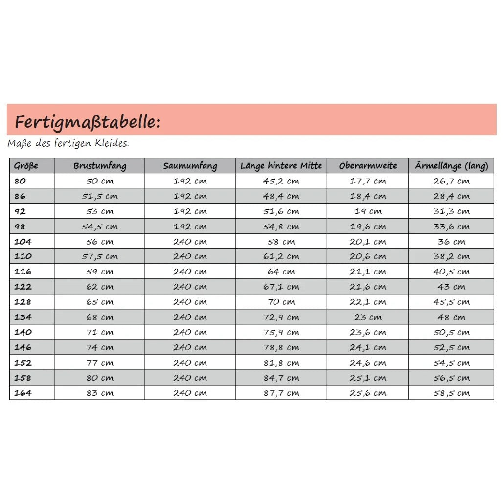 Lottis Drehkleid Schnittmuster – Fertigmaßtabelle mit den fertigen Kleidmaßen je Größe (Gr. 80–164)