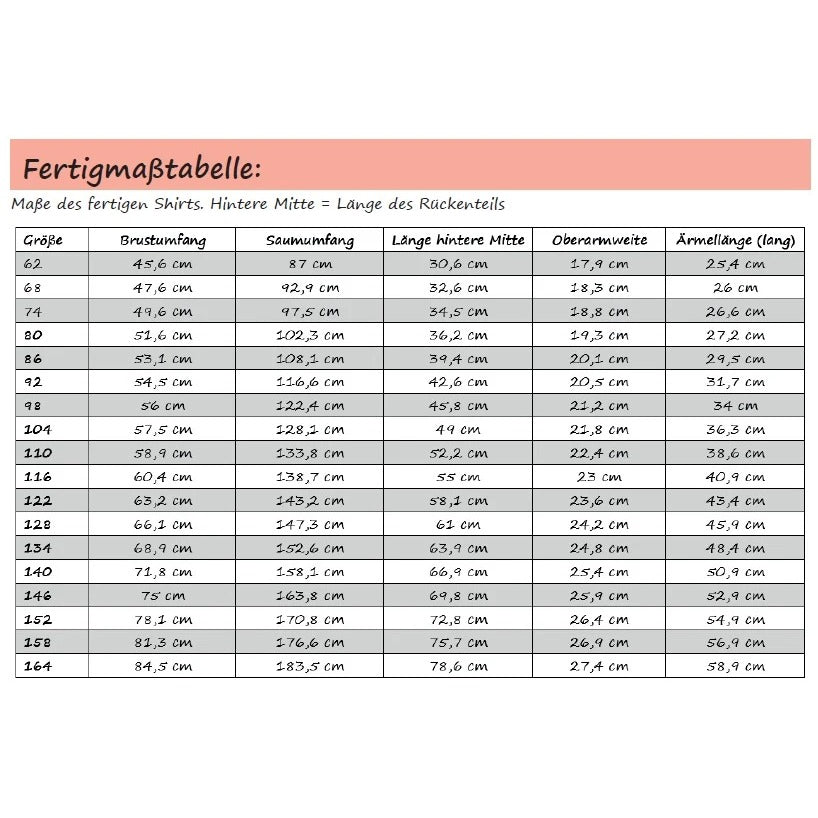 Lottis Zipfelshirt Schnittmuster Mädchen Gr. 62–164 – Fertigmaßtabelle mit den fertigen Maßen des genähten Shirts je Größe