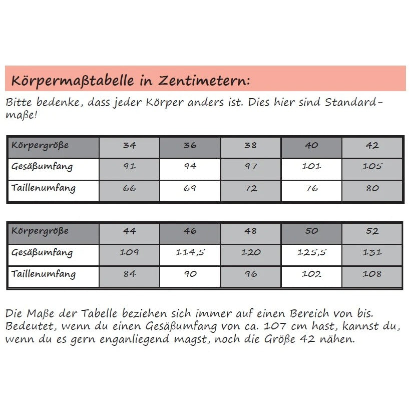Damen Schlüppi Schnittmuster – Körpermaßtabelle zum Ermitteln der passenden Größe (Gr. 34–52)