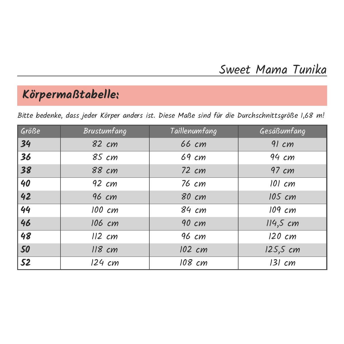 Sweet Mama Tunika – Körpermaßtabelle zum Ermitteln der passenden Größe, Damen Gr. 34–52