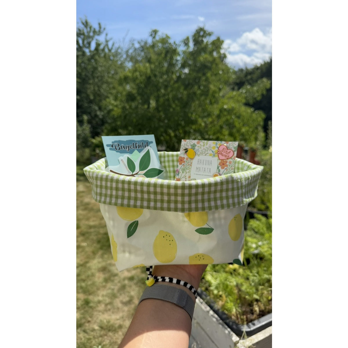 Ibiza-Style Armband Zitrone – Armbänder in einem Körbchen im Grünen