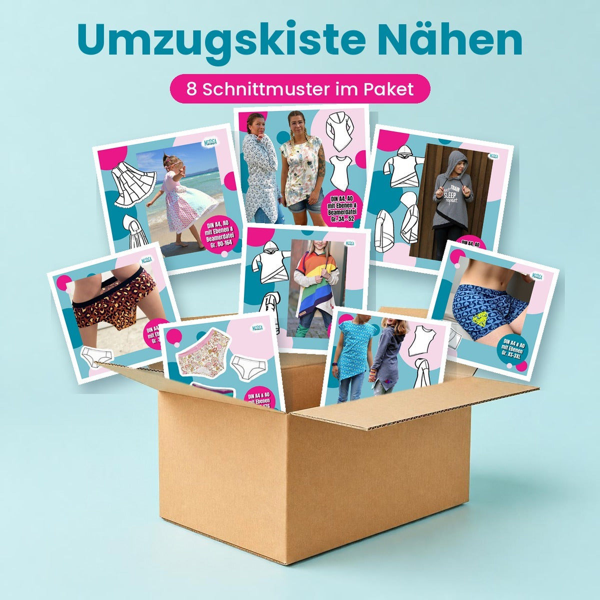 Umzugskiste Nähen – 8 Schnittmuster im Paket zur Shoperöffnung: Lottis Drehkleid, Shabby Asymmetrie Hoodie, One Tip Shirt und Schlüppis fliegen aus einem Umzugskarton – Titelbild