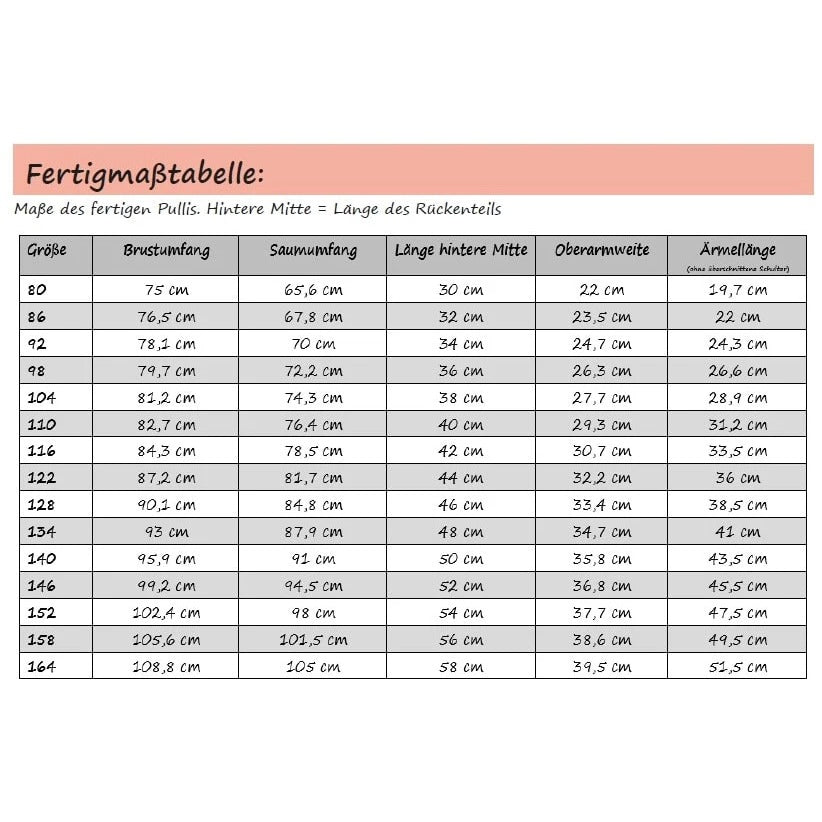Oversized Pulli Schnittmuster Kinder Gr. 80–164 – Fertigmaßtabelle je Größe