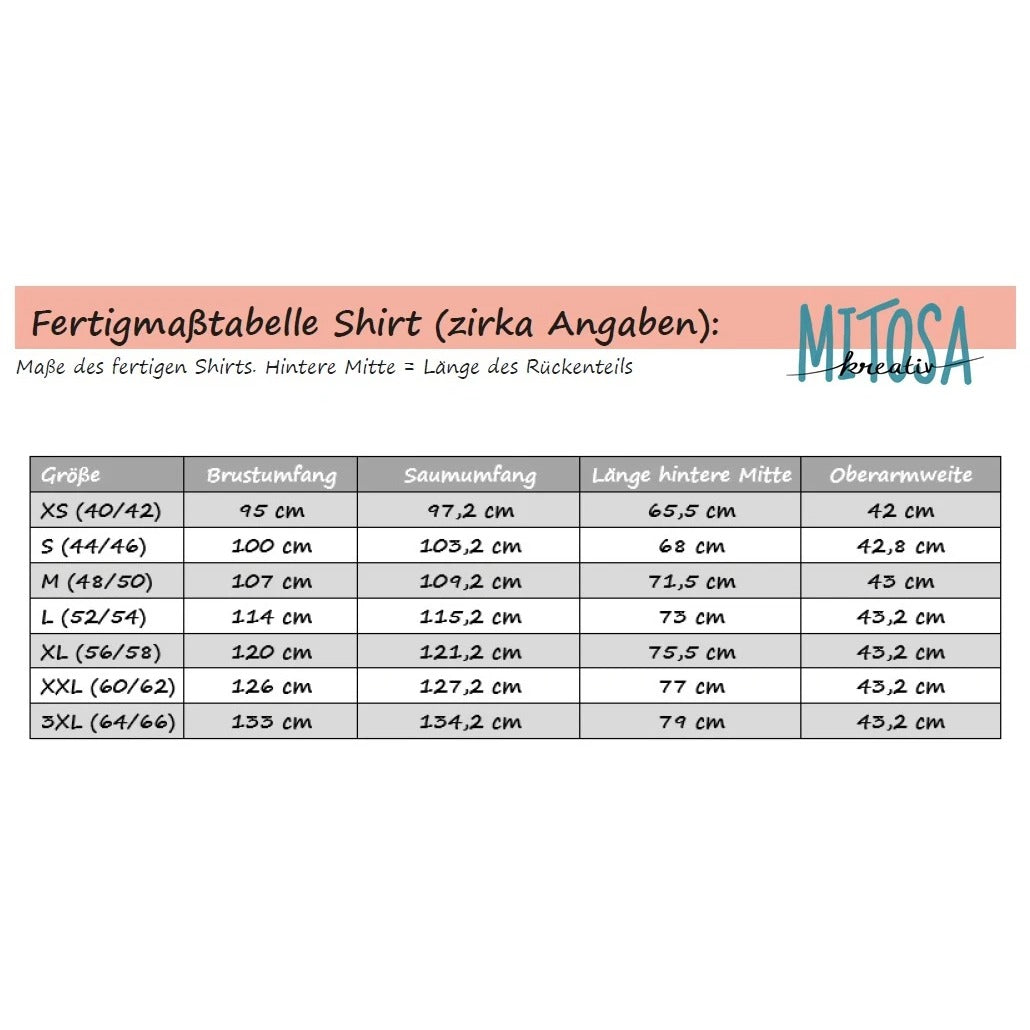 Family Shirt Herren Schnittmuster – Fertigmaßtabelle mit den fertigen Shirtmaßen je Größe (Gr. XS–3XL)