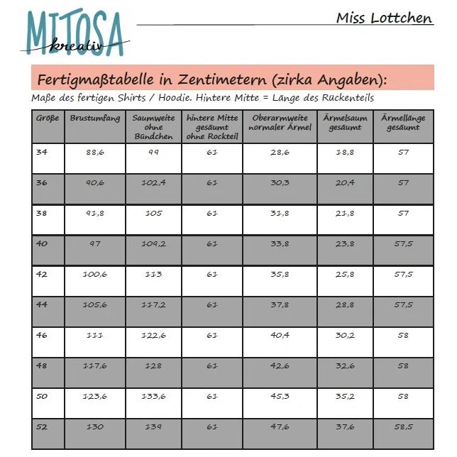 Miss Lottchen – Fertigmaßtabelle mit den fertigen Maßen in Größe 34–52