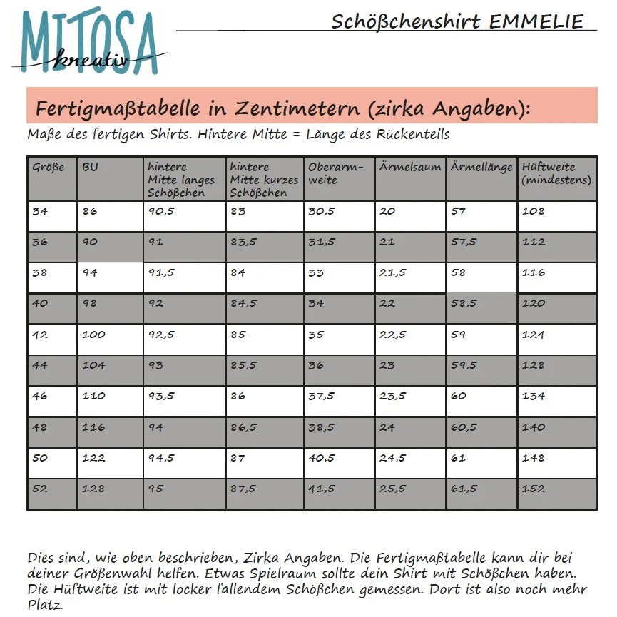 Schößchenshirt Emmelie – Fertigmaßtabelle mit den fertigen Shirt-Maßen in Größe 34–52