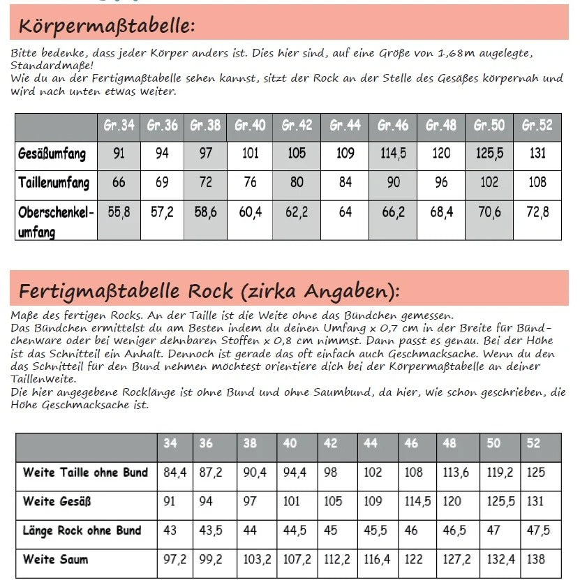 Shabby Skirt Damen – Körper- und Fertigmaßtabelle zum Ermitteln der Größe und mit den fertigen Rockmaßen 34–52
