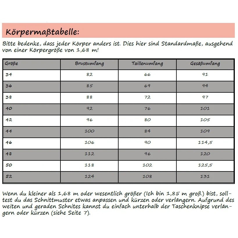 Cut Out Kleid – Körpermaßtabelle zum Ermitteln der passenden Größe 34–52