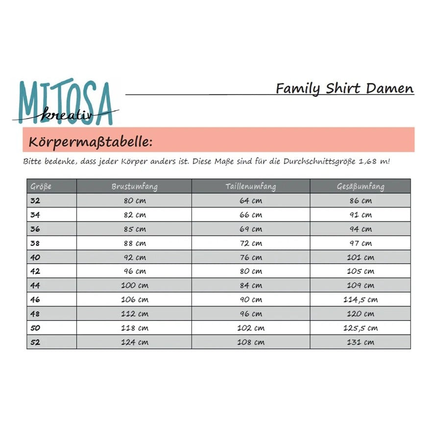 Family Shirt Damen Schnittmuster – Körpermaßtabelle zum Ermitteln der passenden Größe (Gr. 34–52)