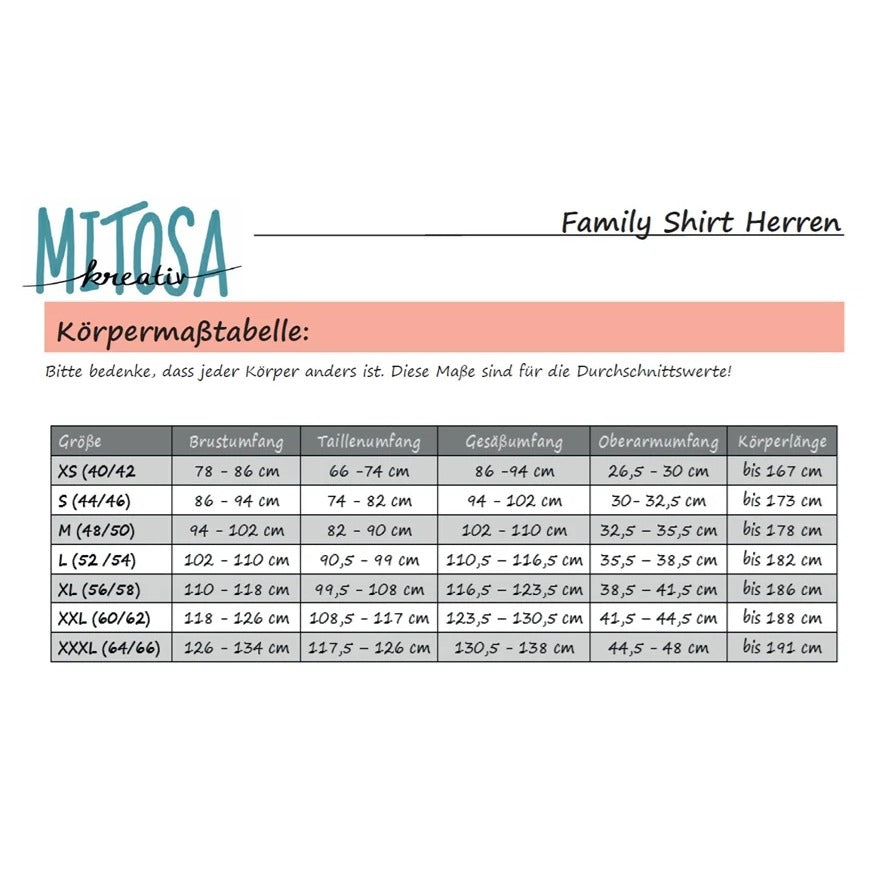 Family Shirt Herren Schnittmuster – Körpermaßtabelle zum Ermitteln der passenden Größe (Gr. XS–3XL)