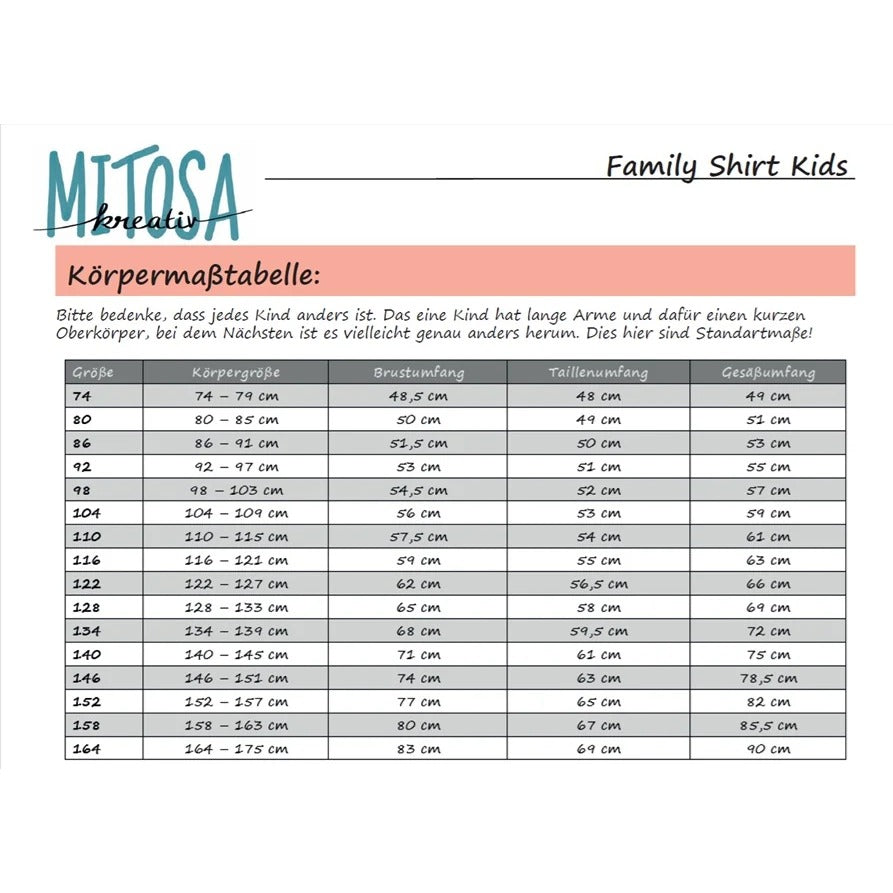 Family Shirt Kids Schnittmuster – Körpermaßtabelle zum Ermitteln der passenden Größe (Gr. 74–164)