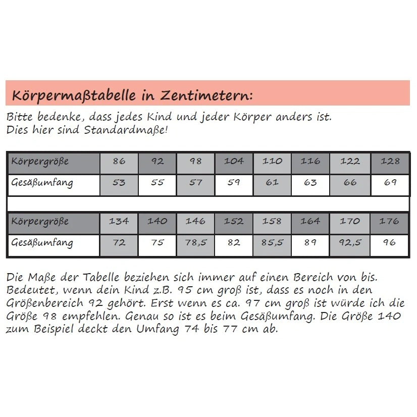 Schlüppi Kids Schnittmuster – Körpermaßtabelle mit Größenangaben für Kinderunterwäsche Gr. 86–176