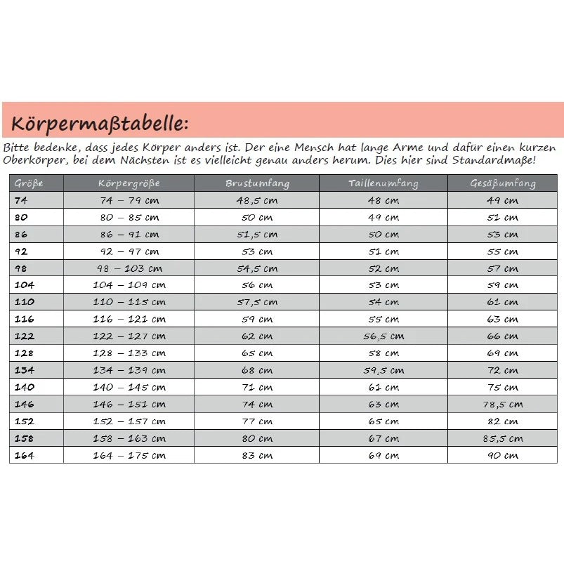 Shabby Asymmetrie Hoodie – Körpermaßtabelle zum Ermitteln der passenden Größe, Kinder Gr. 74–164