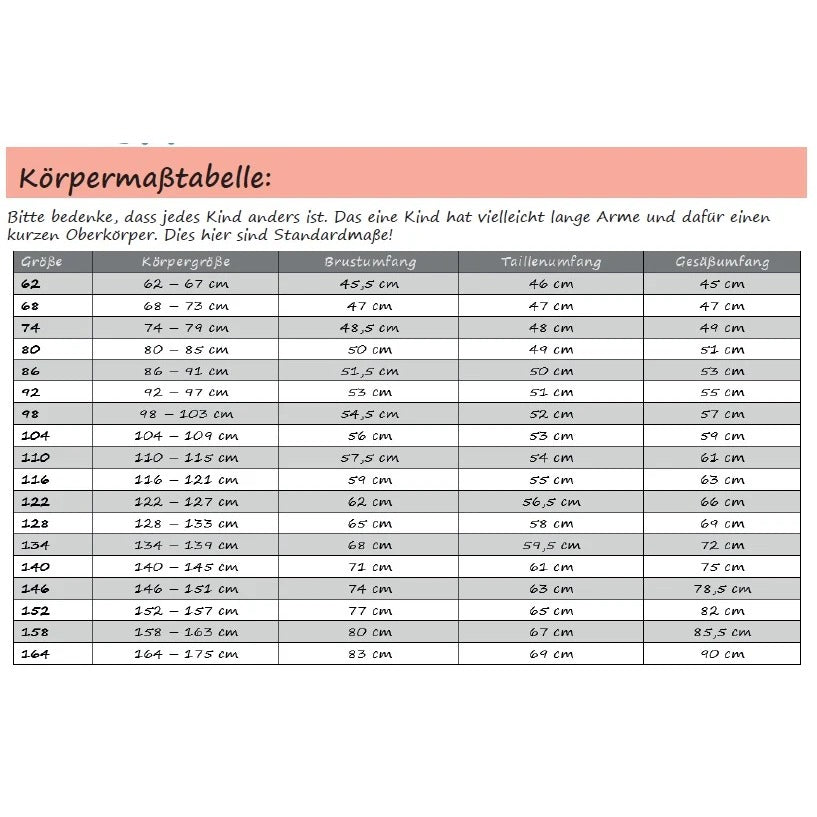 Lottis Zipfelshirt Schnittmuster Mädchen Gr. 62–164 – Körpermaßtabelle zum Ermitteln der passenden Größe
