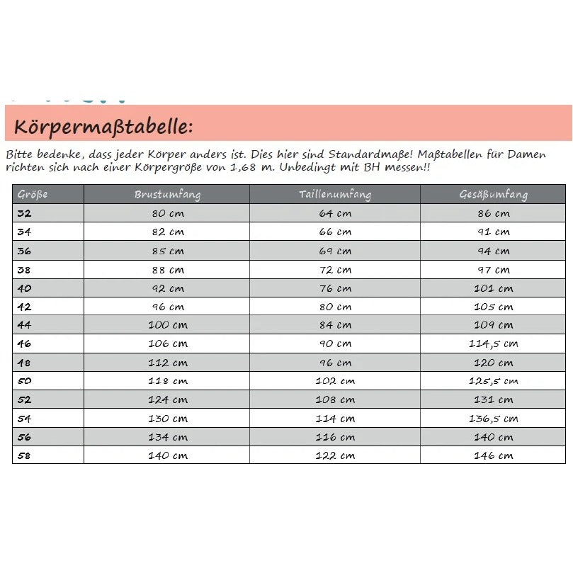 Sandras Zipfelshirt – Körpermaßtabelle zum Ermitteln der passenden Größe, Damen Gr. 34–58