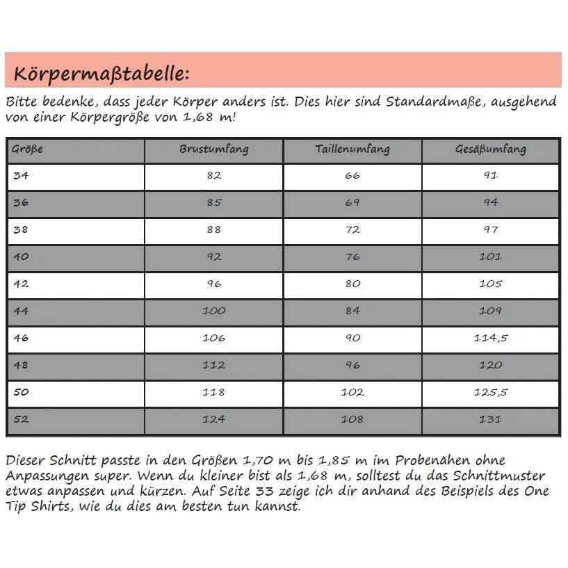Schößchenshirt Emmelie – Körpermaßtabelle zum Ermitteln der passenden Größe 34–52