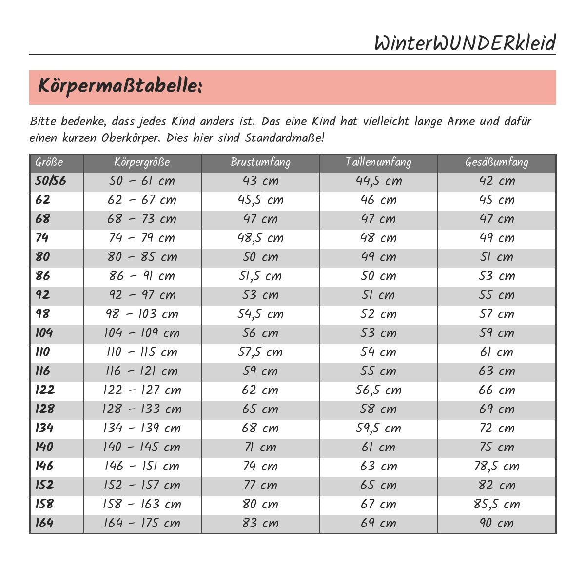 WinterWUNDERkleid – Körpermaßtabelle zum Ermitteln der passenden Größe, Kinder Gr. 50/56–164