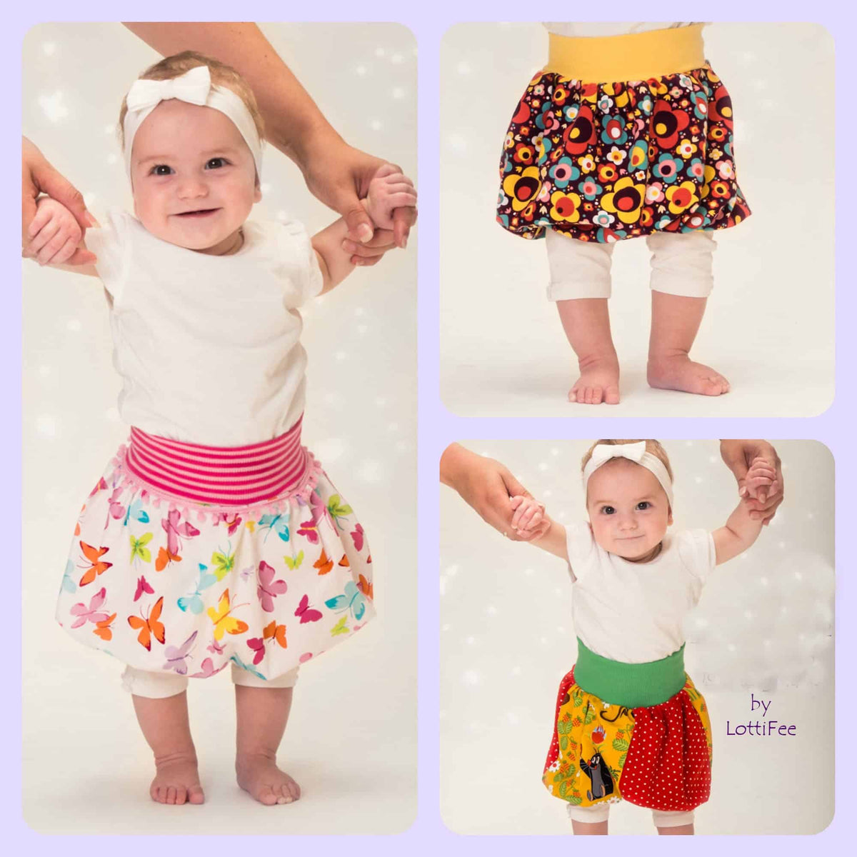 Ballonrock Plusterblume Schnittmuster – Collage mit Babys und Kleinkindern in bunten Ballonröcken (genähtes Designbeispiel)