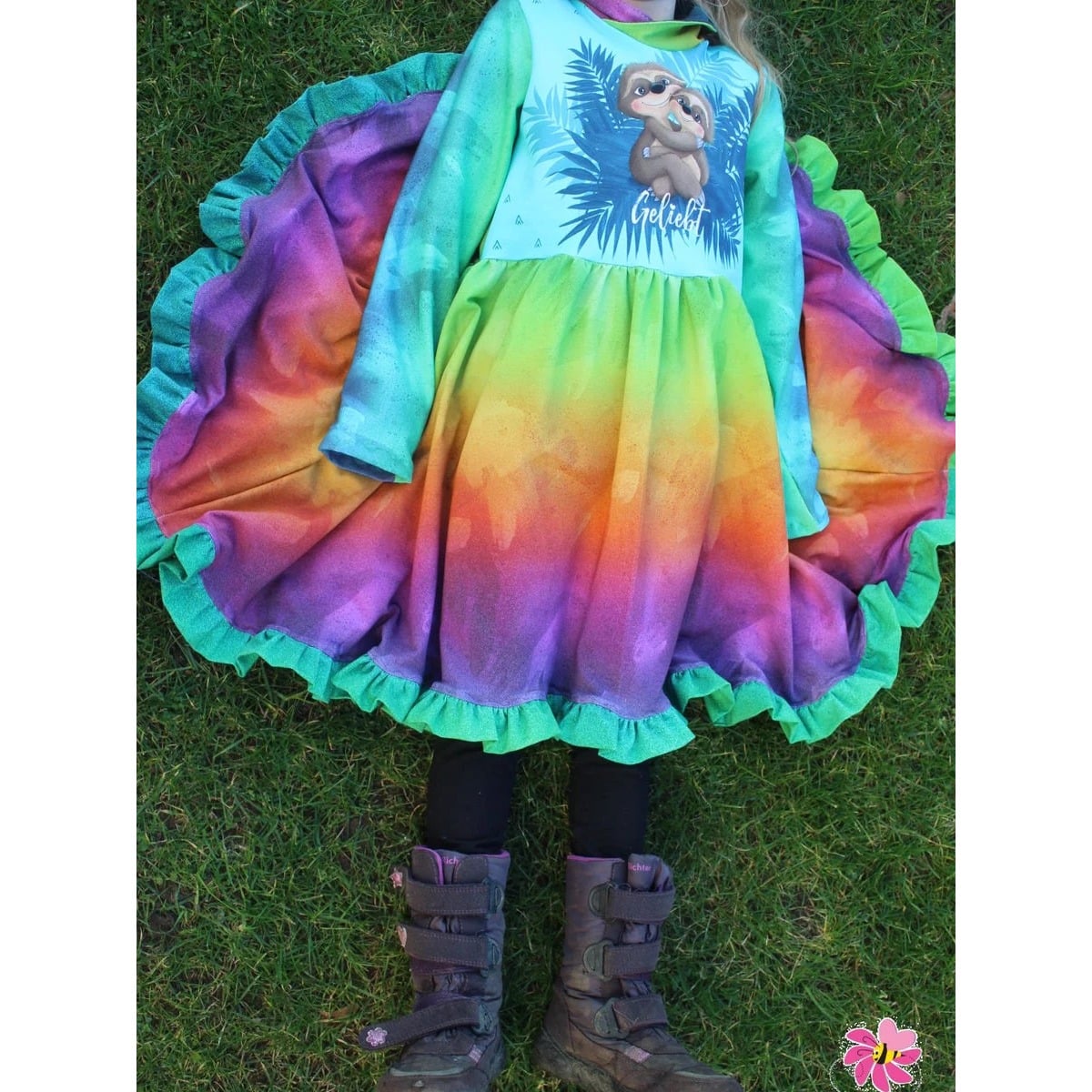 Winterzauberkleid Schnittmuster – Mädchen im Winterzauberkleid mit Regenbogen-Rock (genähtes Designbeispiel)