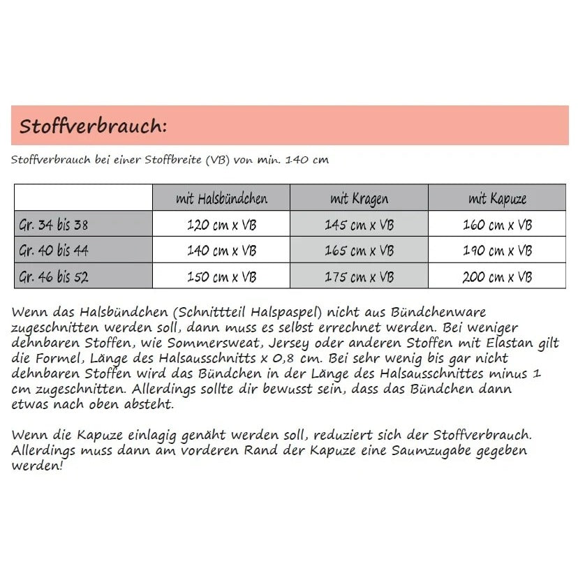 Oversized Pulli Schnittmuster Damen Gr. 34–52 – Tabelle zum Stoffverbrauch je Größe