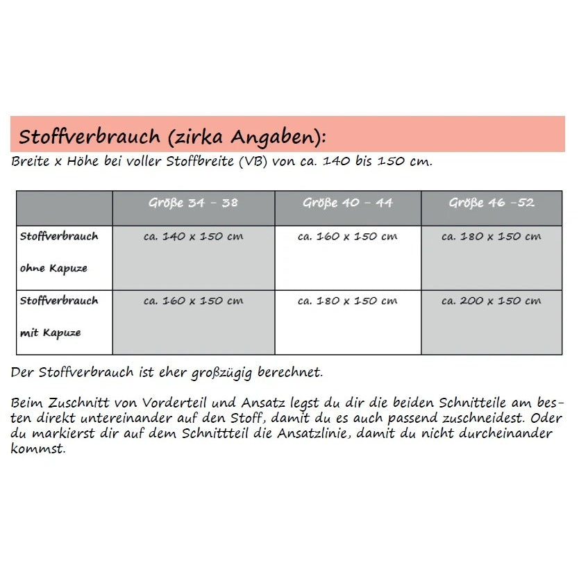 Shabby Asymmetrie Hoodie – Übersicht zum Stoffverbrauch nach Größe, Damen Gr. 34–52