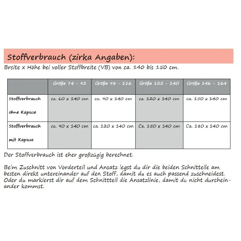 Shabby Asymmetrie Hoodie – Übersicht zum Stoffverbrauch nach Größe, Kinder Gr. 74–164