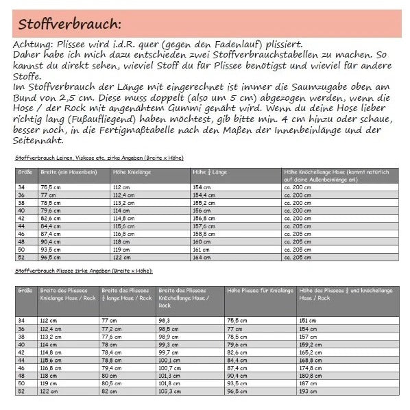 Plisseehose & Plisseerock Damen – Stoffverbrauchstabelle mit dem Stoffbedarf je Größe 34–52