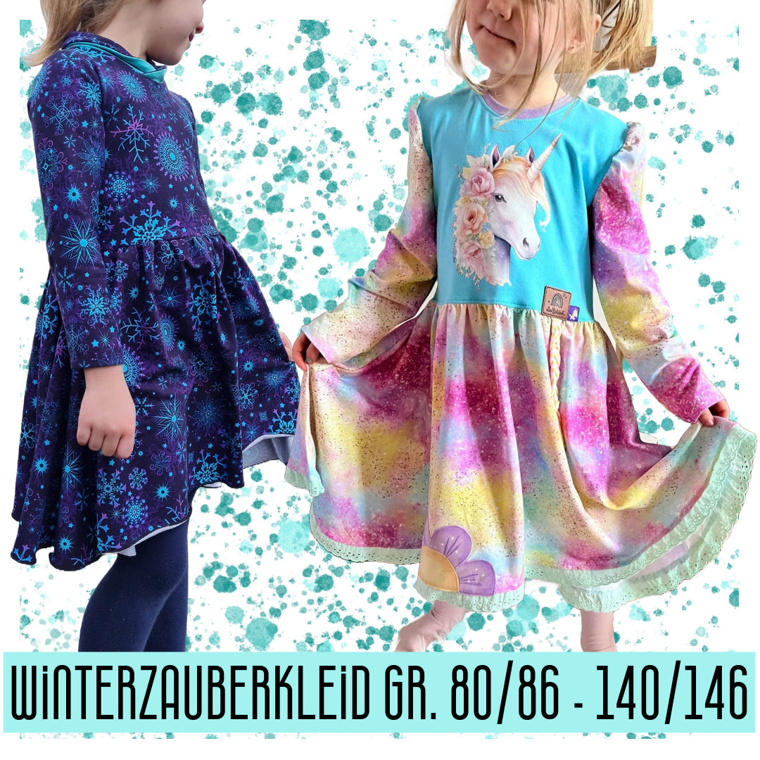 Winterzauberkleid – Schnittmuster Mädchen Drehkleid Gr. 80/86–140/146, Titelbild des Schnittmusters von MiToSa-Kreativ