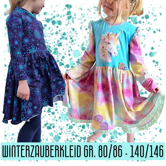 Winterzauberkleid – Schnittmuster Mädchen Drehkleid Gr. 80/86–140/146, Titelbild des Schnittmusters von MiToSa-Kreativ