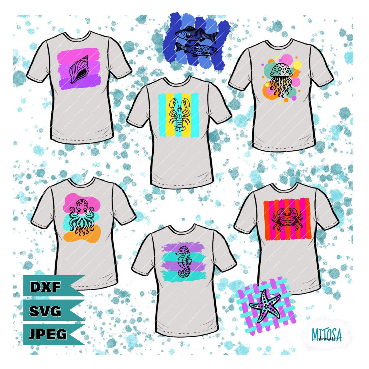 Titelbild der Plotterdatei-Sammlung Sea Life mit acht maritimen Meerestier-Motiven auf grauen T-Shirt-Mockups, verfügbar als DXF, SVG und JPEG