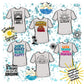 Titelbild der Plotterdatei-Sammlung Sunset by the Sea mit mehreren maritimen Sommer-Designs auf Shirt-Mockups, unter anderem „Sunshine in my Heart", „Powered by Sunshine and Good Vibes", „Don't Worry Beach Happy", „Less Drama More Sunrises" und „Happiness Comes in Waves"