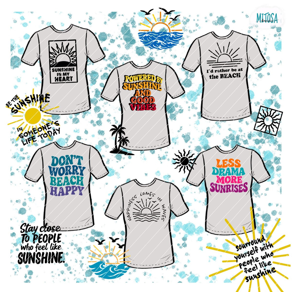 Titelbild der Plotterdatei-Sammlung Sunset by the Sea mit mehreren maritimen Sommer-Designs auf Shirt-Mockups, unter anderem „Sunshine in my Heart", „Powered by Sunshine and Good Vibes", „Don't Worry Beach Happy", „Less Drama More Sunrises" und „Happiness Comes in Waves"