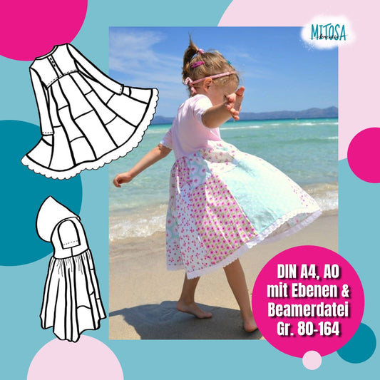 Lottis Drehkleid & Tunika Schnittmuster Kinder Gr. 80 bis 164 – Titelbild mit Mädchen im Drehkleid am Strand und Schnittzeichnungen
