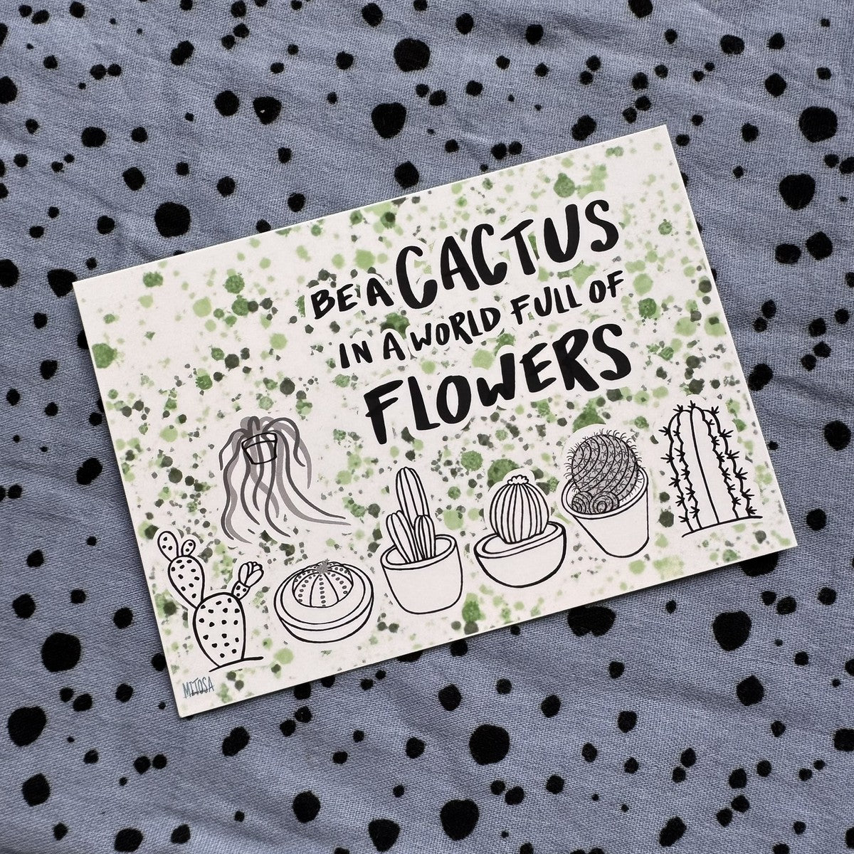 Ausmalkarte Be a Cactus in a World full of Flowers mit Kakteen in Töpfen