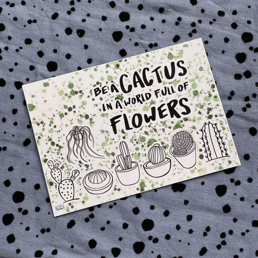 Ausmalkarte Be a Cactus in a World full of Flowers mit Kakteen in Töpfen