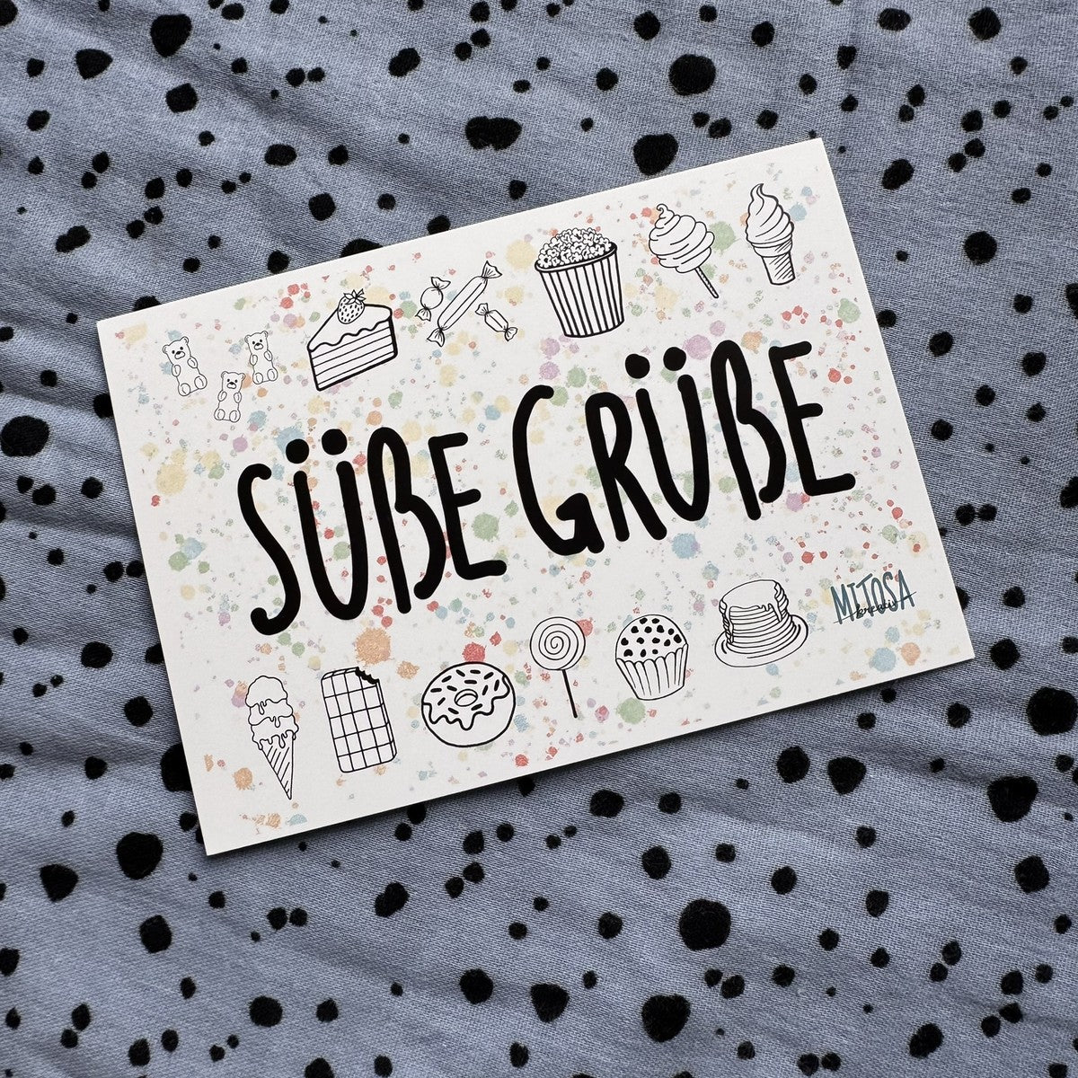 Ausmalkarte Süße Grüße mit Kuchen, Cupcakes, Eis, Donut und Lolli