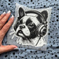 Bügelbild Music French Bulldog groß – Französische Bulldogge mit Kopfhörern in Schwarz-Weiß