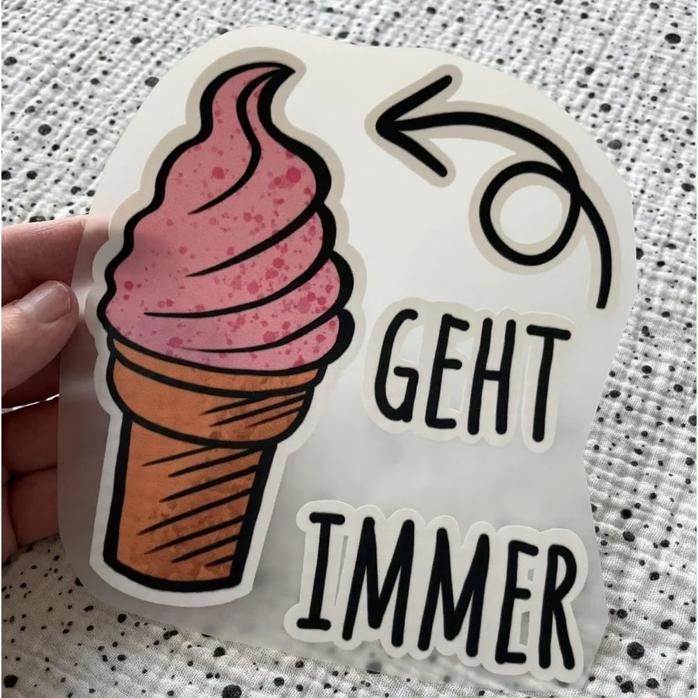 Bügelbild Softeis geht immer – rosa Softeis mit Pfeil und Schriftzug „geht immer“