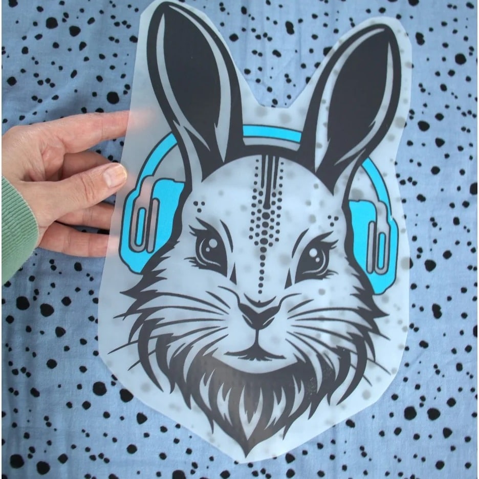 Bügelbild Sound Bunny Dad BIG DADDY – großer Hasenkopf mit türkisen Kopfhörern