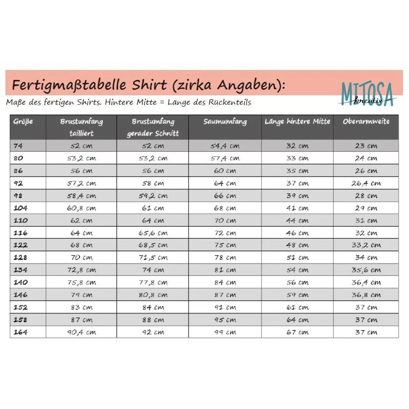 Family Shirt Kids Schnittmuster – Fertigmaßtabelle mit den fertigen Shirtmaßen je Größe (Gr. 74–164)
