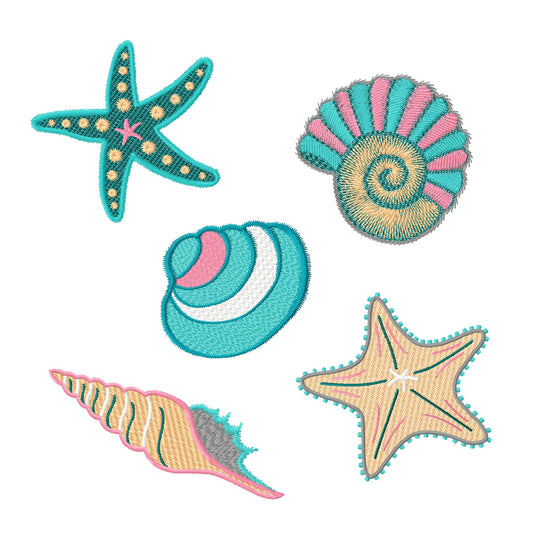 Folienstickdatei Muscheln und Seesterne – maritime Stickdatei-Kollektion mit Muscheln und Seesternen in Folienoptik für den 10x10 cm Stickrahmen