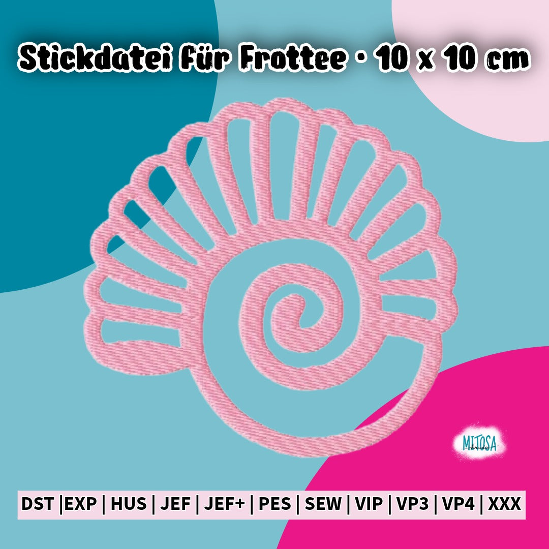 Freebie Stickdatei Frottee-Muschel für den 10 x 10 cm Rahmen – Titelbild mit einer rosa gestickten Schneckenmuschel als Applikationsdatei für Frottee