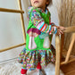 Herbst Applikation Bundle – drei bunte Pilze appliziert auf einem grünen Kleid nach dem Schnittmuster Lottchen, Rockteil aus Pilzjersey
