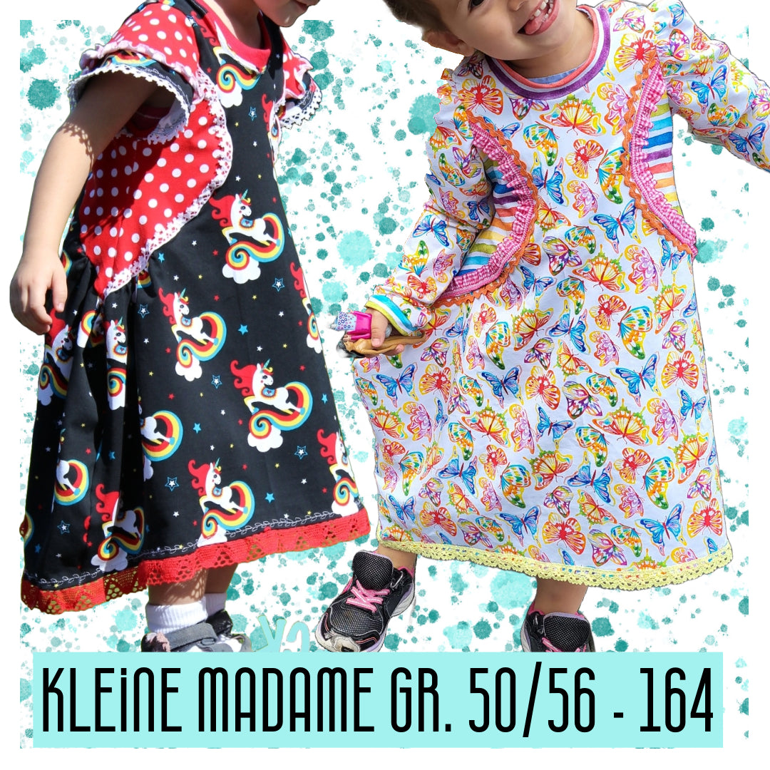 Kleid kleine Madame – Titelbild mit zwei genähten Kleidern in Gr. 50/56 bis 164