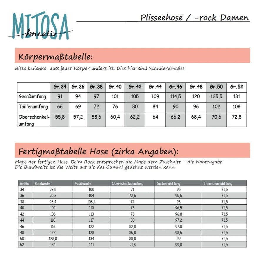 Plisseehose & Plisseerock Damen – Körper- und Fertigmaßtabelle zum Ermitteln der Größe und mit den fertigen Maßen 34–52