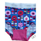 Mädchen Schlüppi Schnittmuster – Unterhose aus blauem Stoff mit Retro-Blumen und pinkem Bund