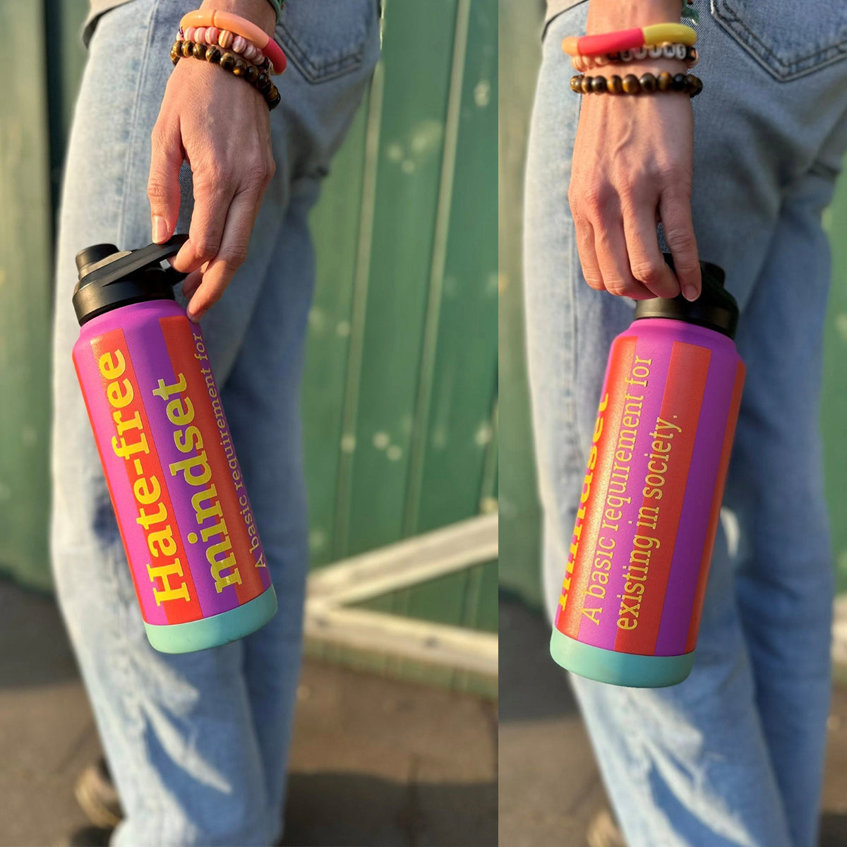 Intolerant Club Plotterdatei – Statement „Hate-free mindset“ in Gelb auf einer pink-orange gestreiften Trinkflasche, Vorder- und Rückansicht