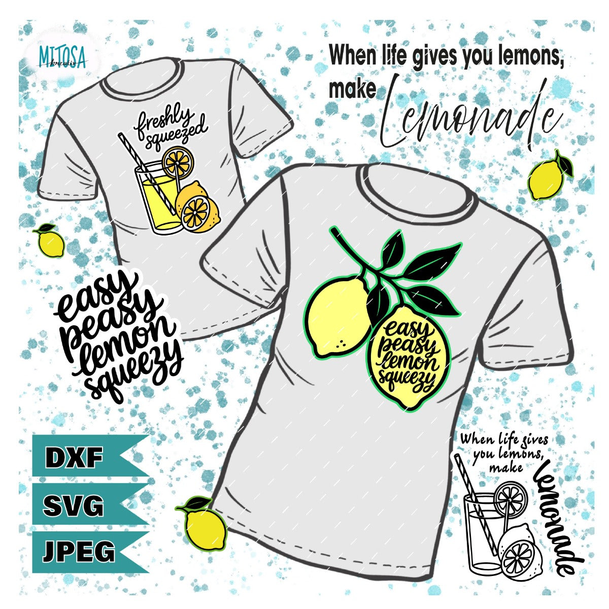 Plotterdatei Lemon Squeezy – Titelbild mit zwei T-Shirt-Mockups, Zitronenmotiv und den Schriftzügen Easy Peasy Lemon Squeezy und Freshly Squeezed, erhältlich als DXF, SVG und JPEG